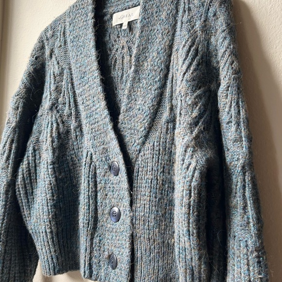 The GREAT. The Frond Montana Cardigan Green Pine Needle Shimmer oversized Sz S - Picture 6 of 15